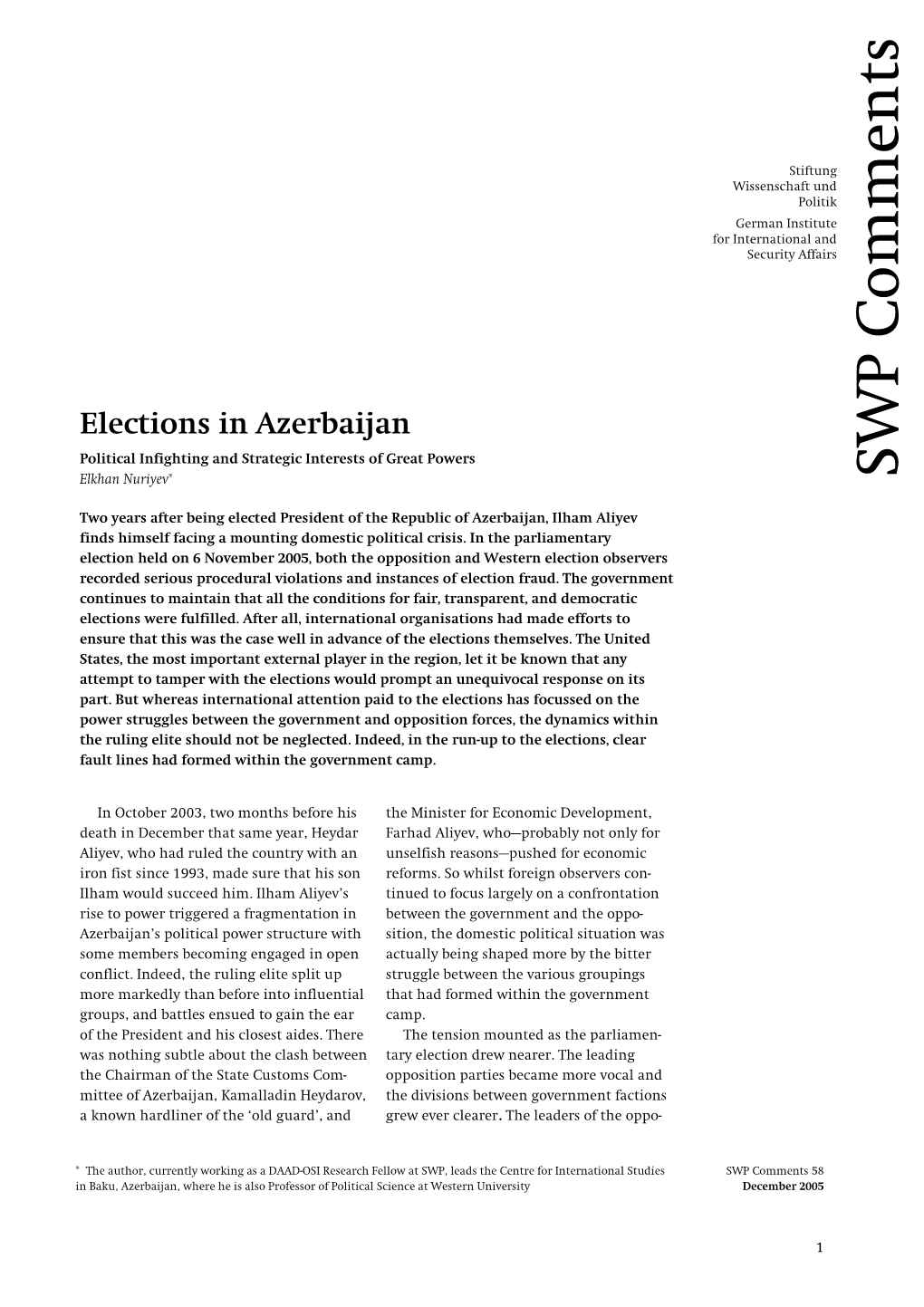 Elections in Azerbaijan Political Infighting and Strategic Interests of Great Powers