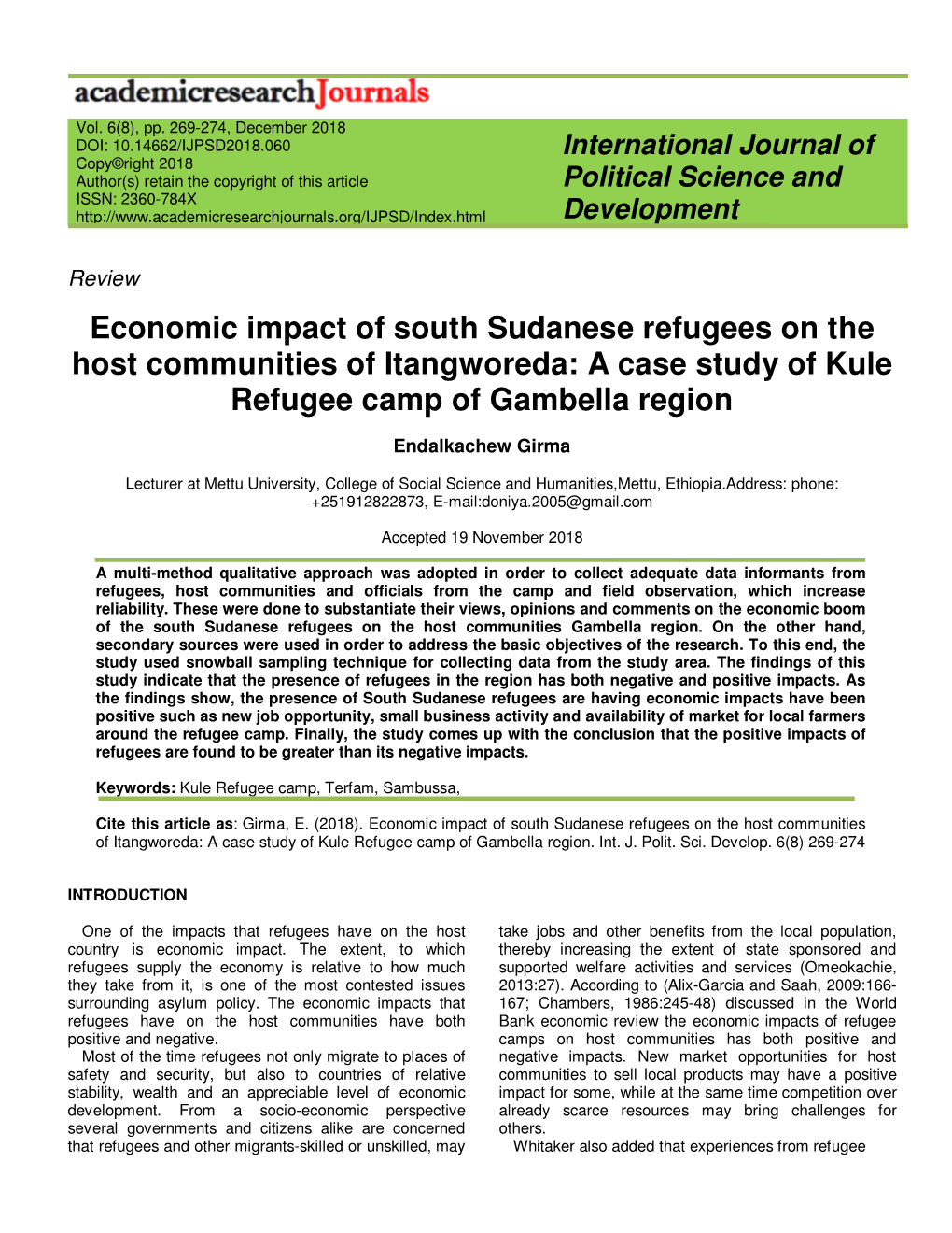 A Case Study of Kule Refugee Camp of Gambella Region