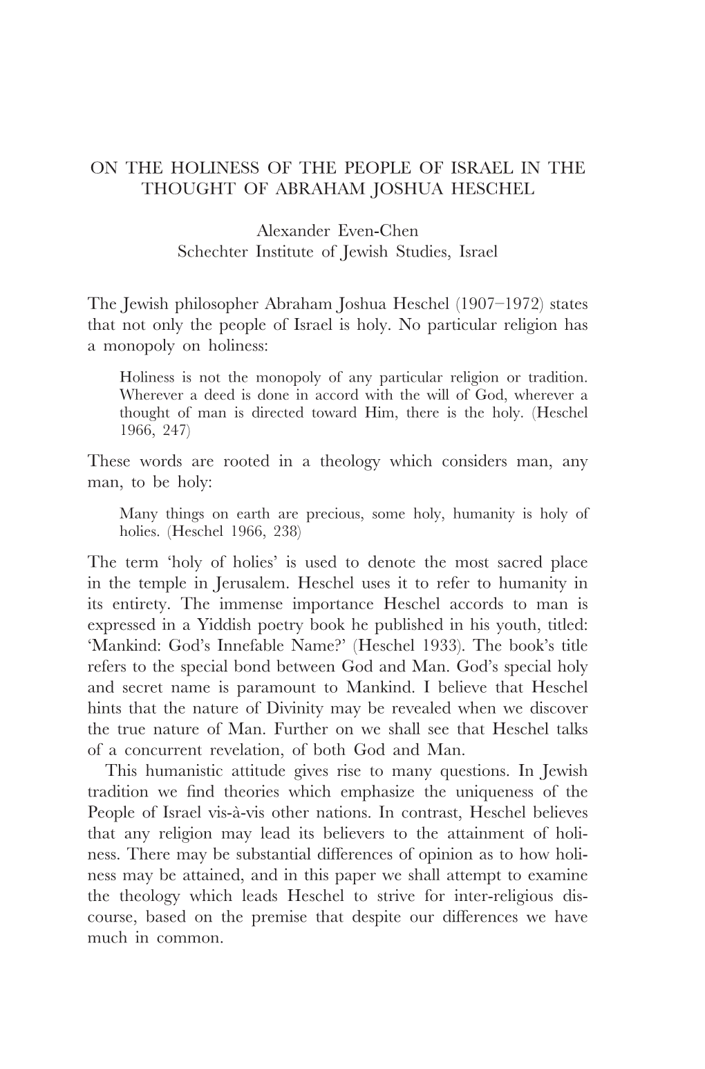 On the Holiness of the People of Israel in the Thought of Abraham Joshua Heschel