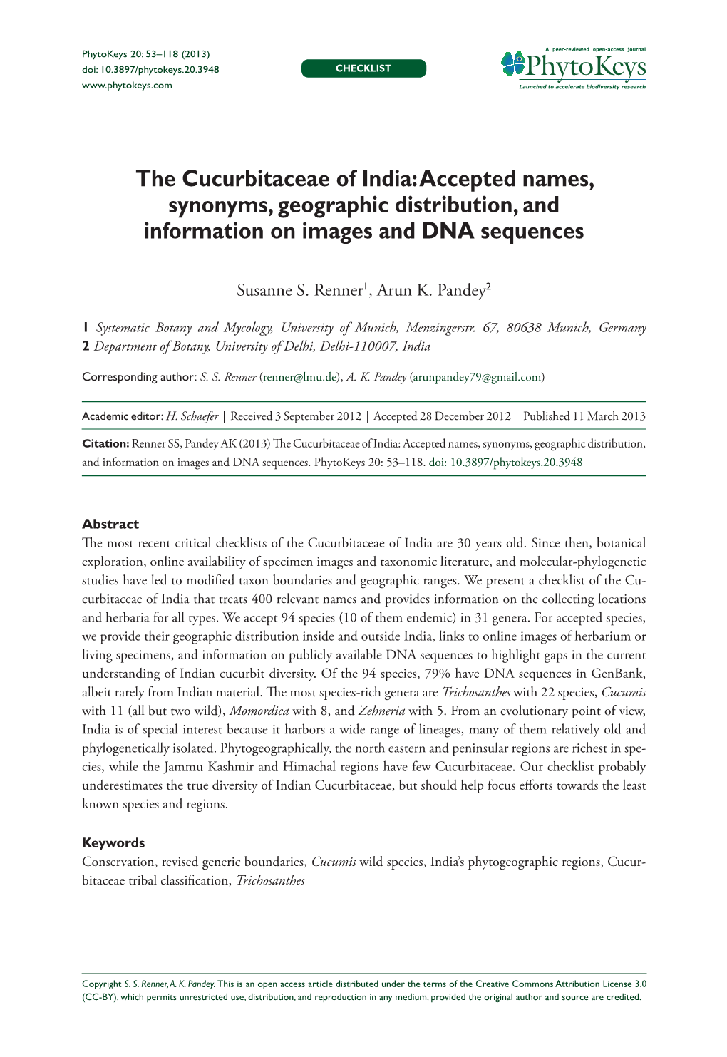 The Cucurbitaceae of India 53 Doi: 10.3897/Phytokeys.20.3948 Checklist Launched to Accelerate Biodiversity Research