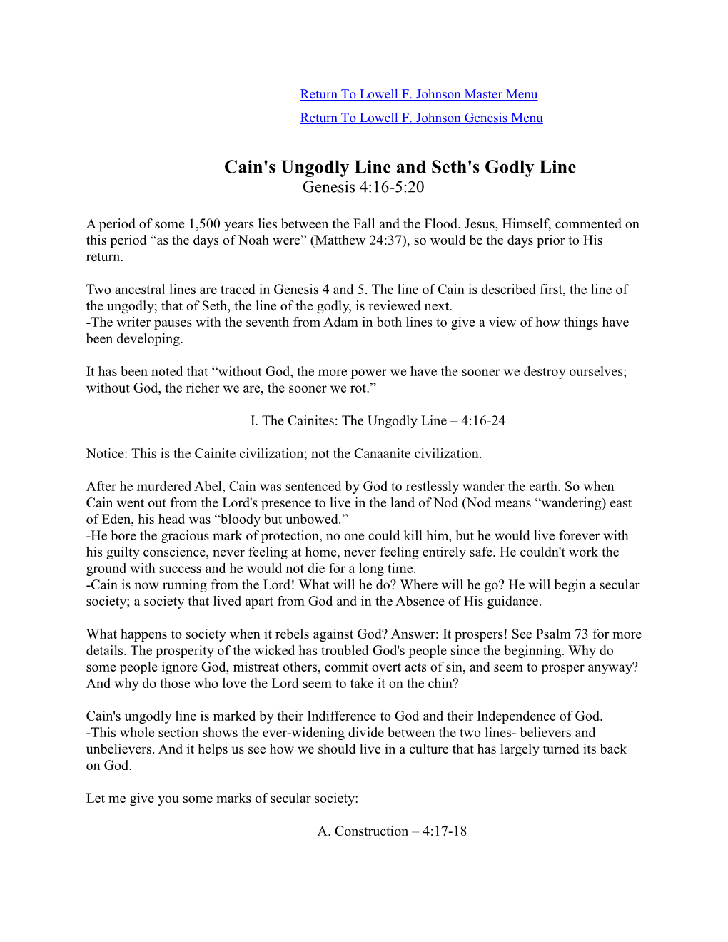 Cain's Ungodly Line and Seth's Godly Line Genesis 4:16-5:20
