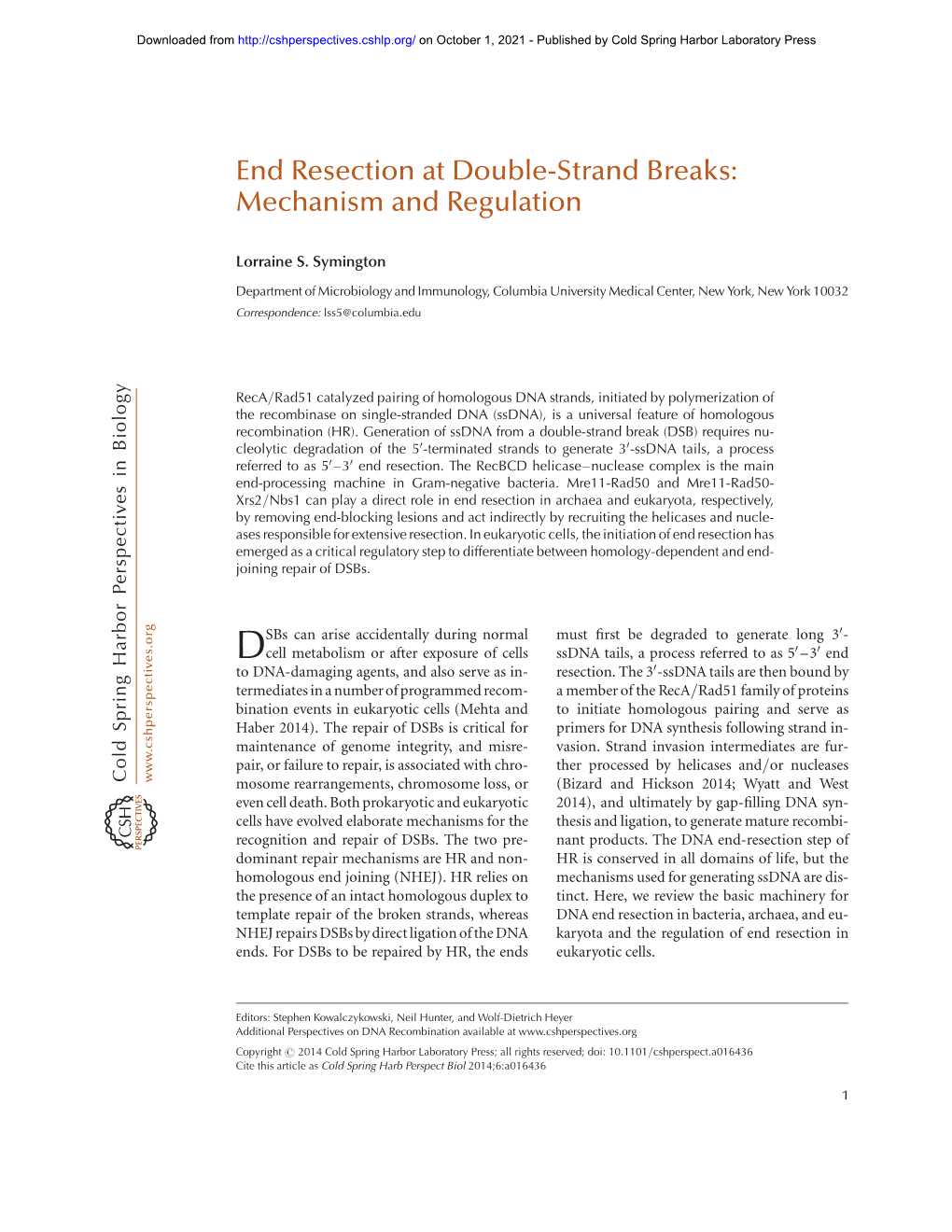 End Resection at Double-Strand Breaks: Mechanism and Regulation