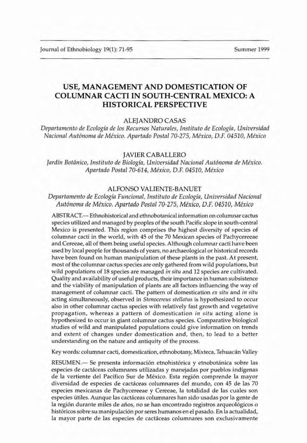 Use, Management and Domestication of Columnar Cacti in South·Central Mexico: a Historical Perspective