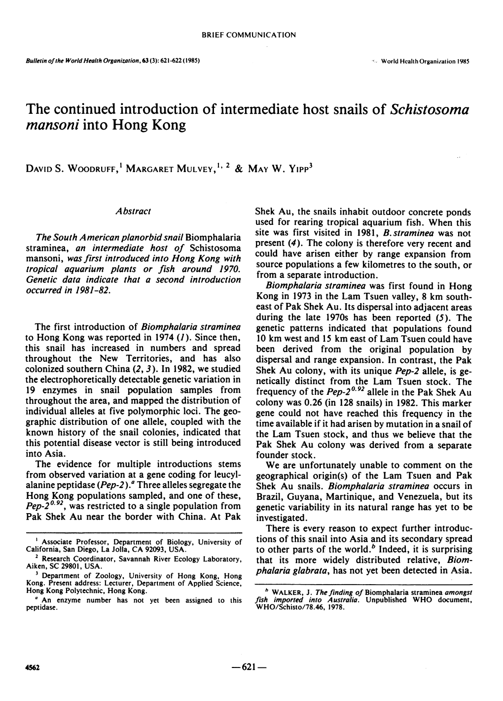 The Continued Introduction of Intermediate Host Snails of Schistosoma Mansoni Into Hong Kong