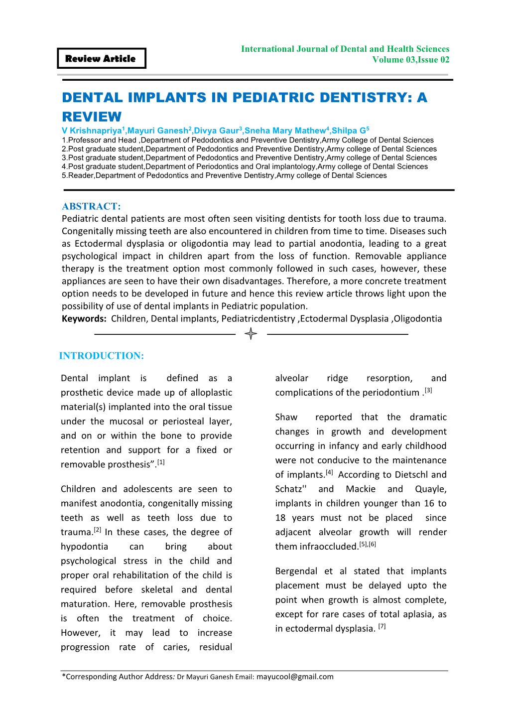 Dental Implants in Pediatric Dentistry: a Review