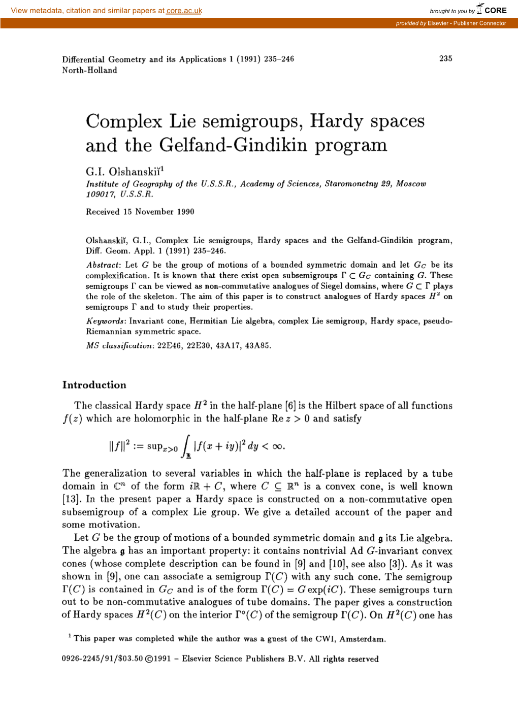 Complex Lie Semigroups, Hardy Spaces and the Gelfand-Gindikin Program