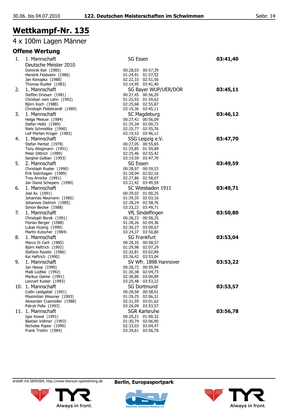 Wettkampf-Nr. 135 4 X 100M Lagen Männer Offene Wertung 1