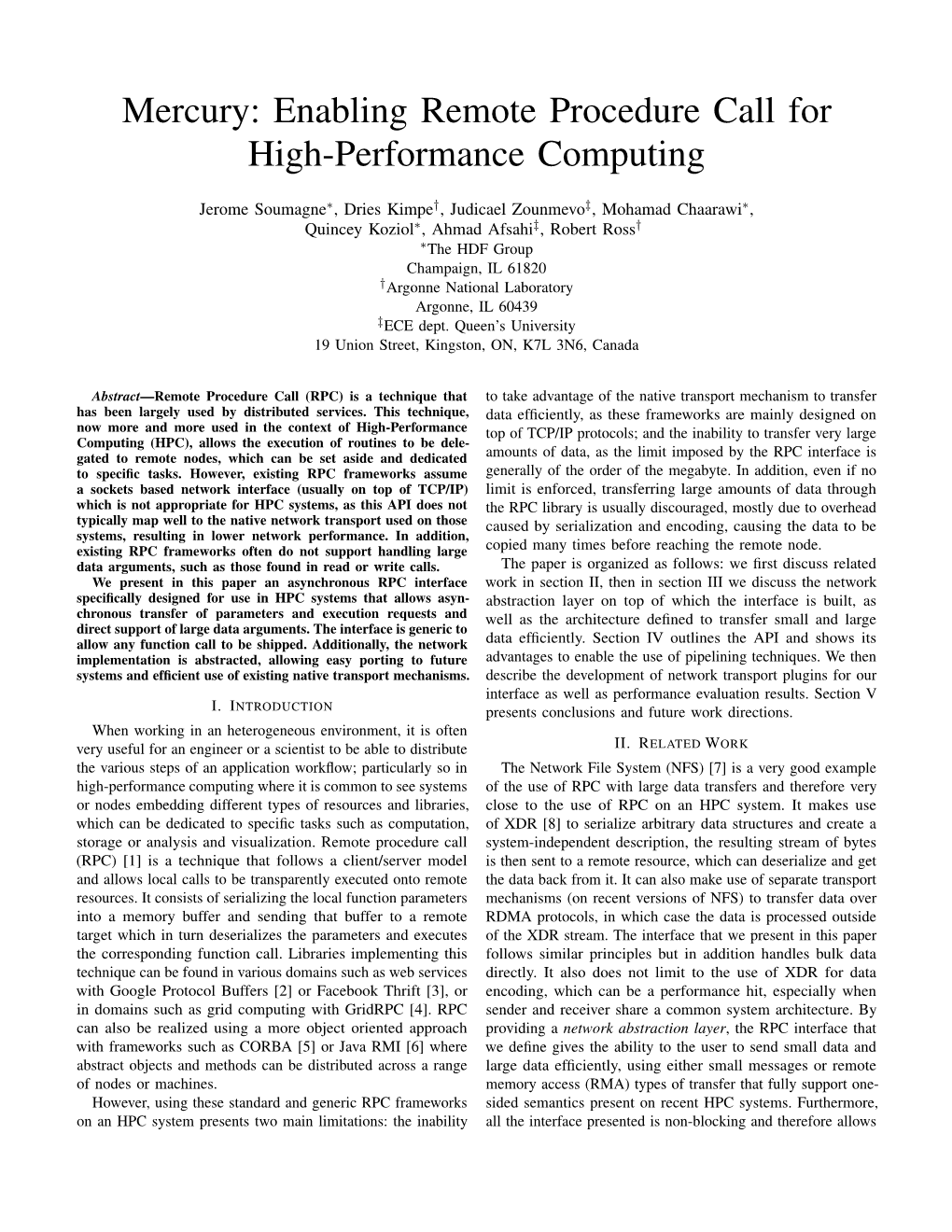 Mercury: Enabling Remote Procedure Call for High-Performance Computing