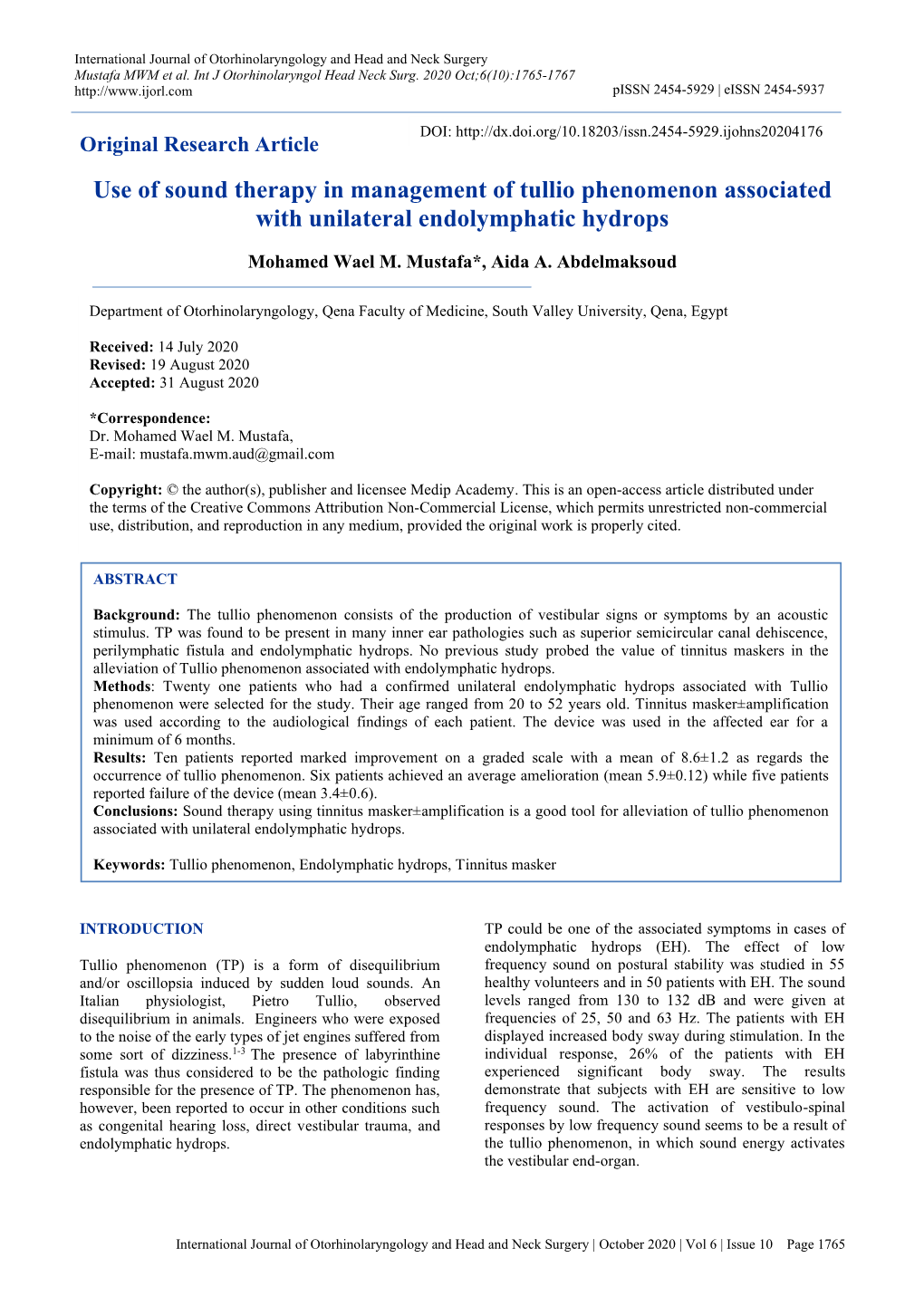 Use of Sound Therapy in Management of Tullio Phenomenon Associated with Unilateral Endolymphatic Hydrops