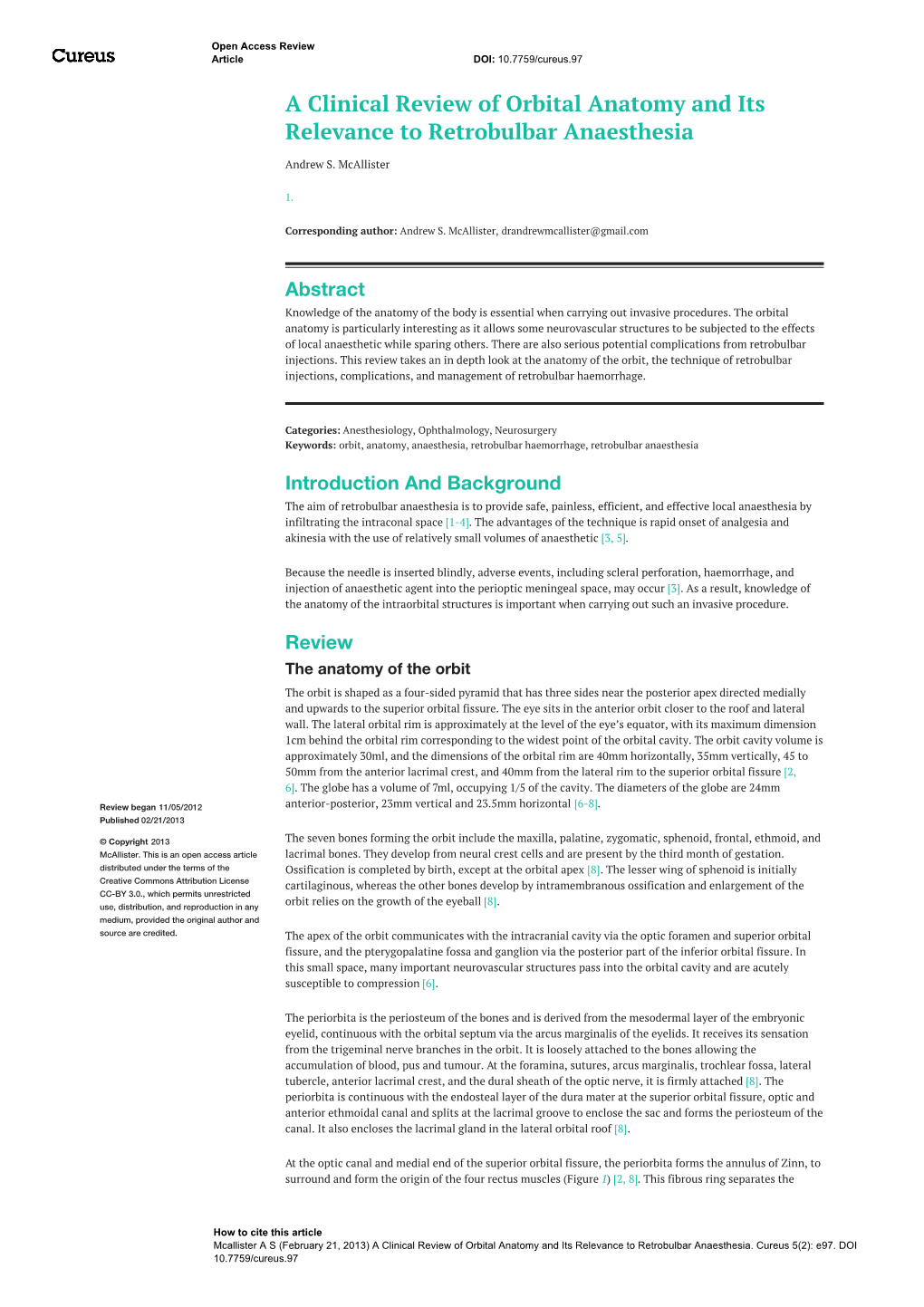 A Clinical Review of Orbital Anatomy and Its Relevance to Retrobulbar Anaesthesia