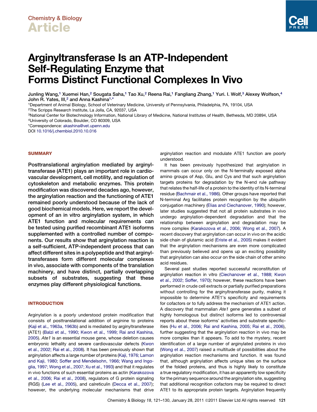 Arginyltransferase Is an ATP-Independent Self-Regulating Enzyme That Forms Distinct Functional Complexes in Vivo
