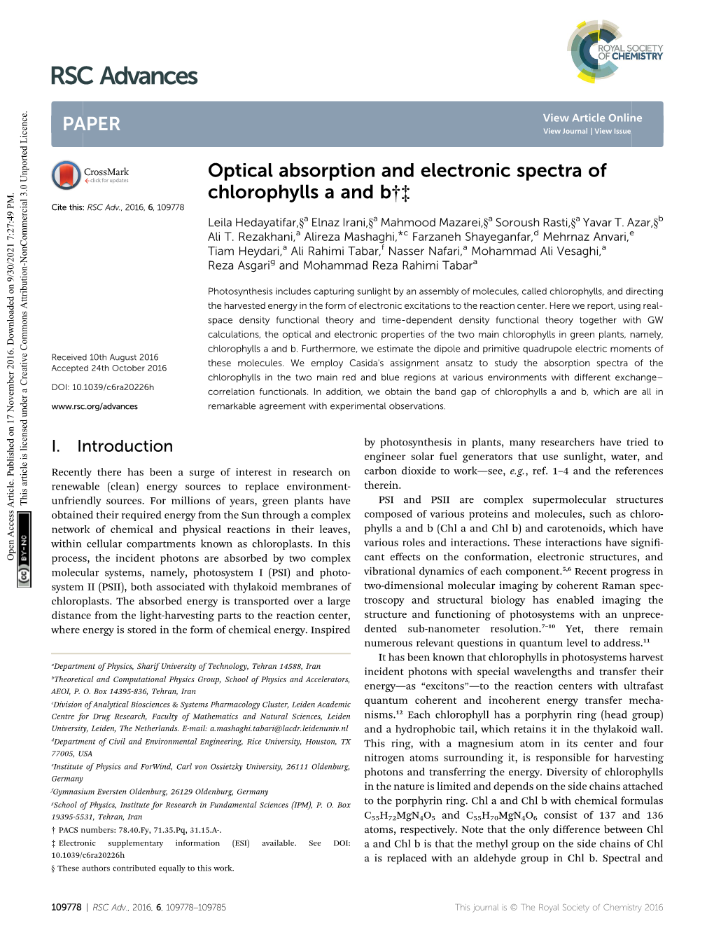 Optical Absorption and Electronic Spectra of Chlorophylls a and B