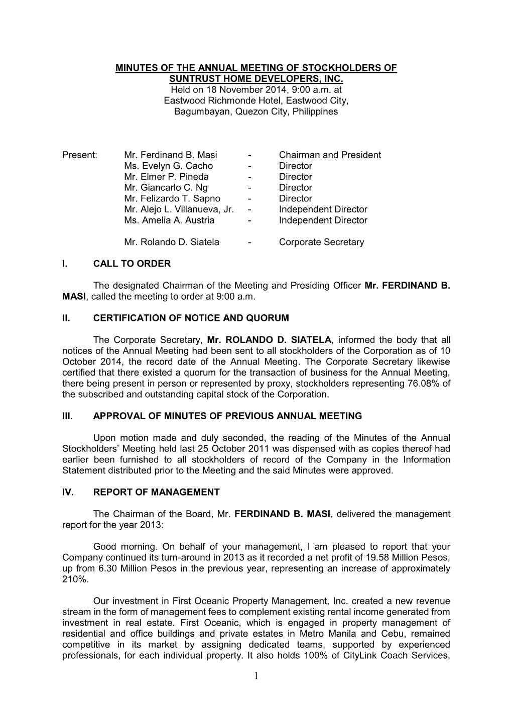 Minutes of the Annual Meeting of Stockholders of Suntrust Home Developers, Inc