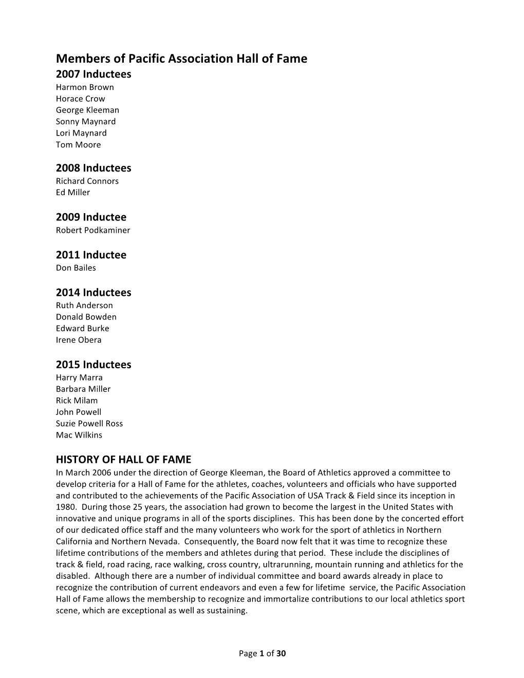 Members of Pacific Association Hall of Fame 2007 Inductees Harmon Brown Horace Crow George Kleeman Sonny Maynard Lori Maynard Tom Moore
