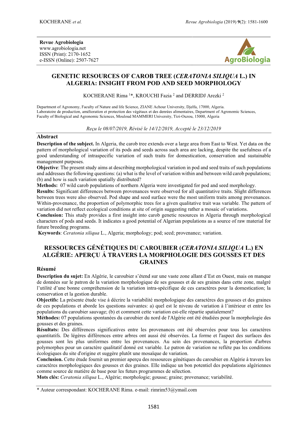 Genetic Resources of Carob Tree (Ceratonia Siliqua L.) in Algeria: Insight from Pod and Seed Morphology