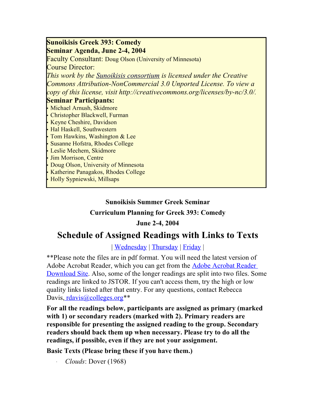 Schedule of Assigned Readings with Links to Texts