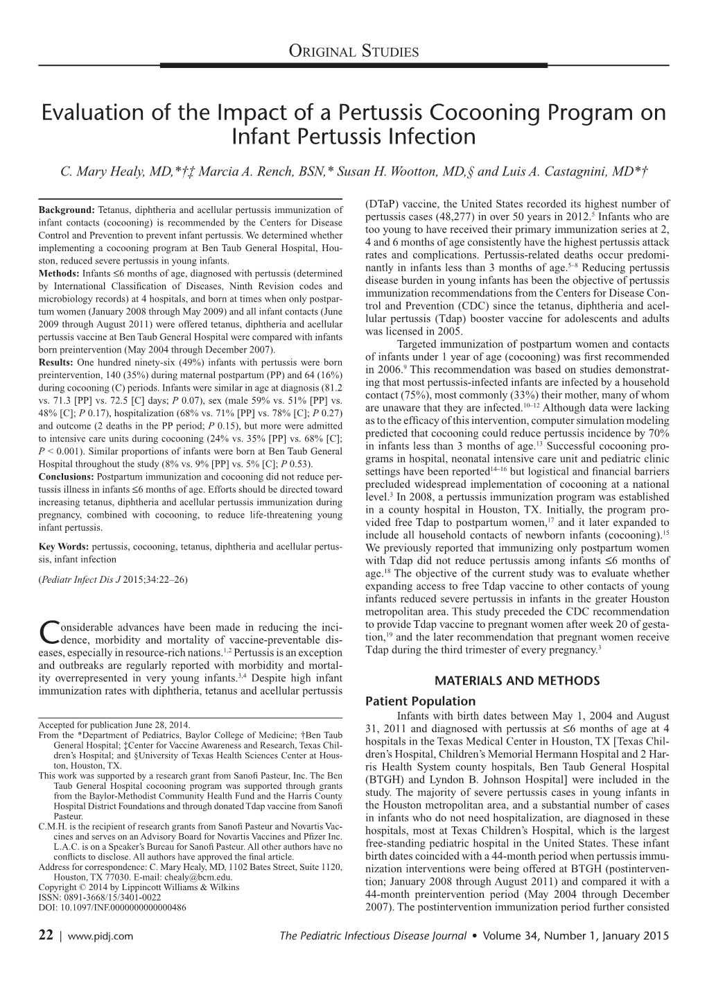 Evaluation of the Impact of a Pertussis Cocooning Program on Infant Pertussis Infection