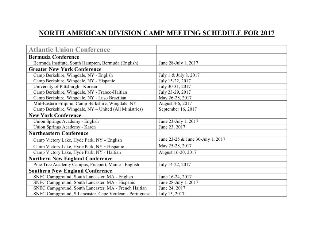 North American Division Camp Meeting Schedule for 2017