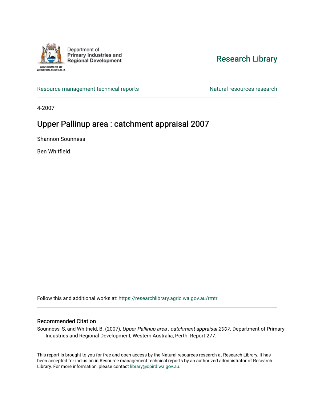 Upper Pallinup Area : Catchment Appraisal 2007