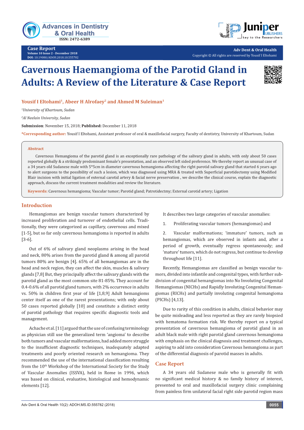 Cavernous Haemangioma of the Parotid Gland in Adults: a Review of the Literature & Case Report