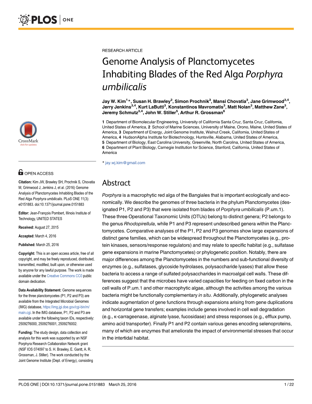 Genome Analysis of Planctomycetes Inhabiting Blades of the Red Alga Porphyra Umbilicalis