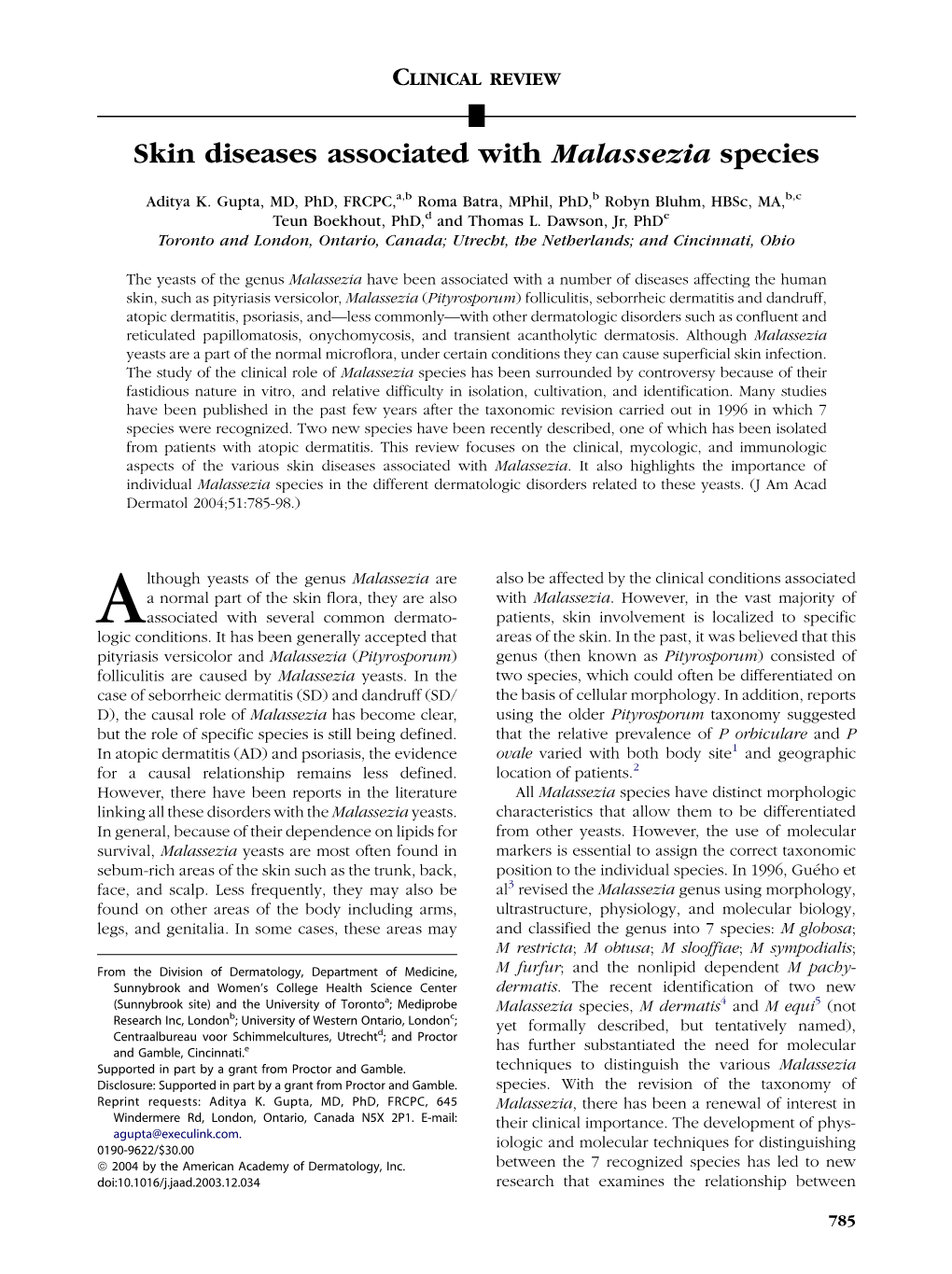 Skin Diseases Associated with Malassezia Species