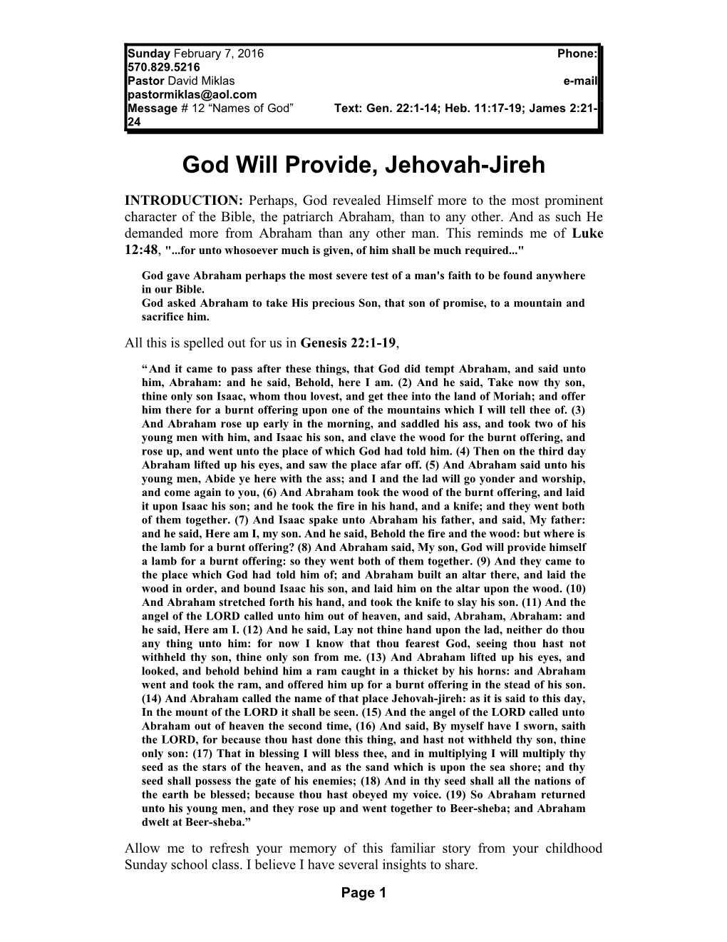 God Will Provide, Jehovah Jirah