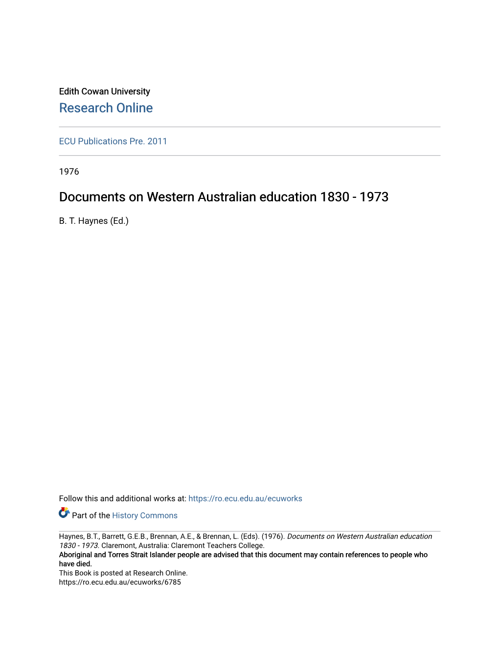 Documents on Western Australian Education 1830 - 1973