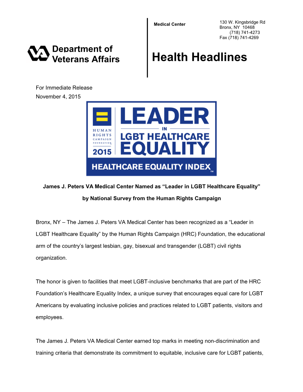 JJPVAMC Named Leader in LGBT Healthcare Equality