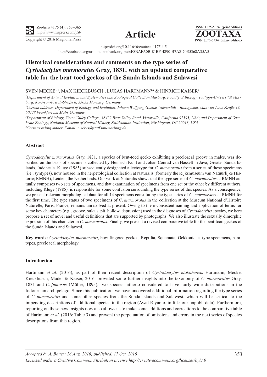 Historical Considerations and Comments on the Type Series of Cyrtodactylus Marmoratus Gray, 1831, with an Updated Comparative Ta