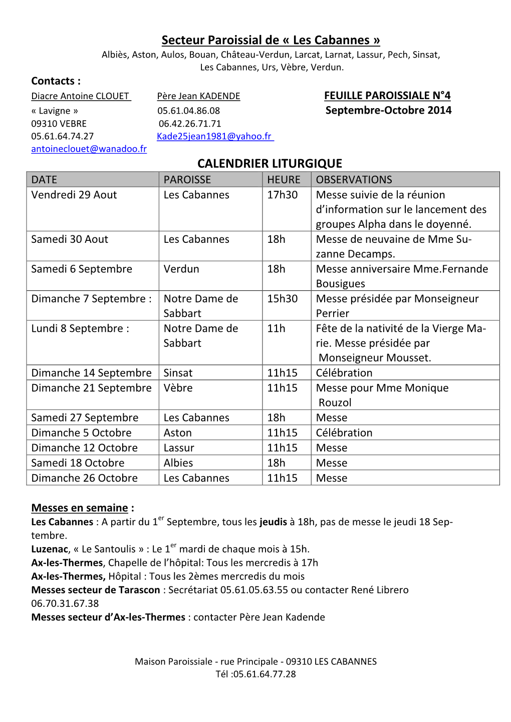 Secteur Paroissial De « Les Cabannes » CALENDRIER LITURGIQUE