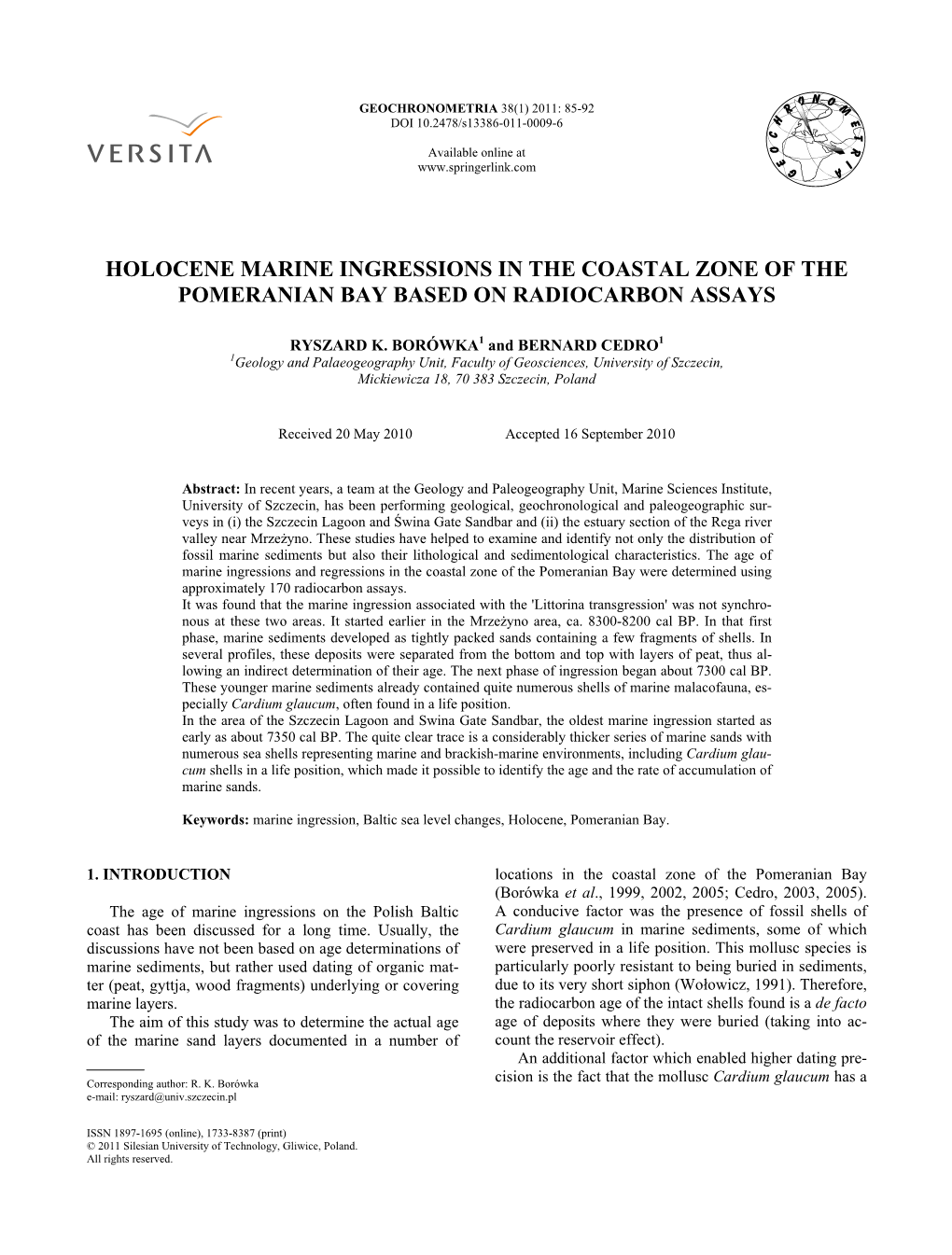 Holocene Marine Ingressions in the Coastal Zone of the Pomeranian Bay Based on Radiocarbon Assays