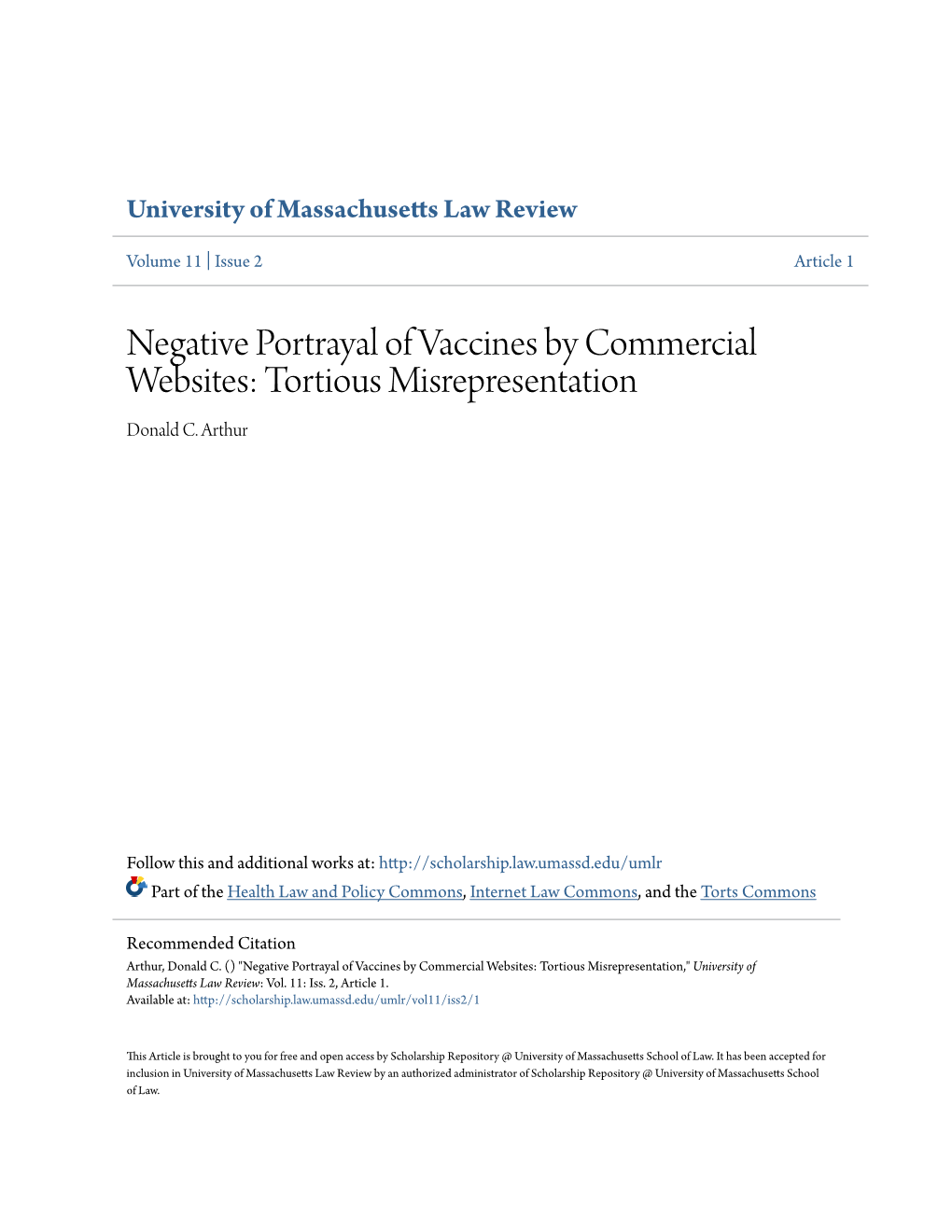 Negative Portrayal of Vaccines by Commercial Websites: Tortious Misrepresentation Donald C