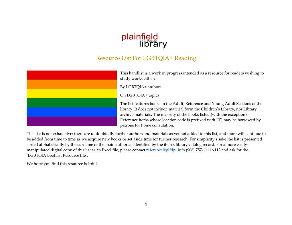 Resource List for LGBTQIA+ Reading