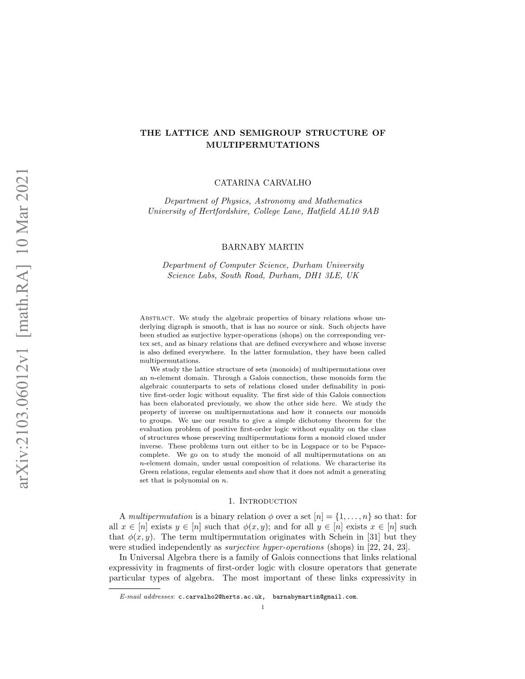 Arxiv:2103.06012V1 [Math.RA] 10 Mar 2021 1