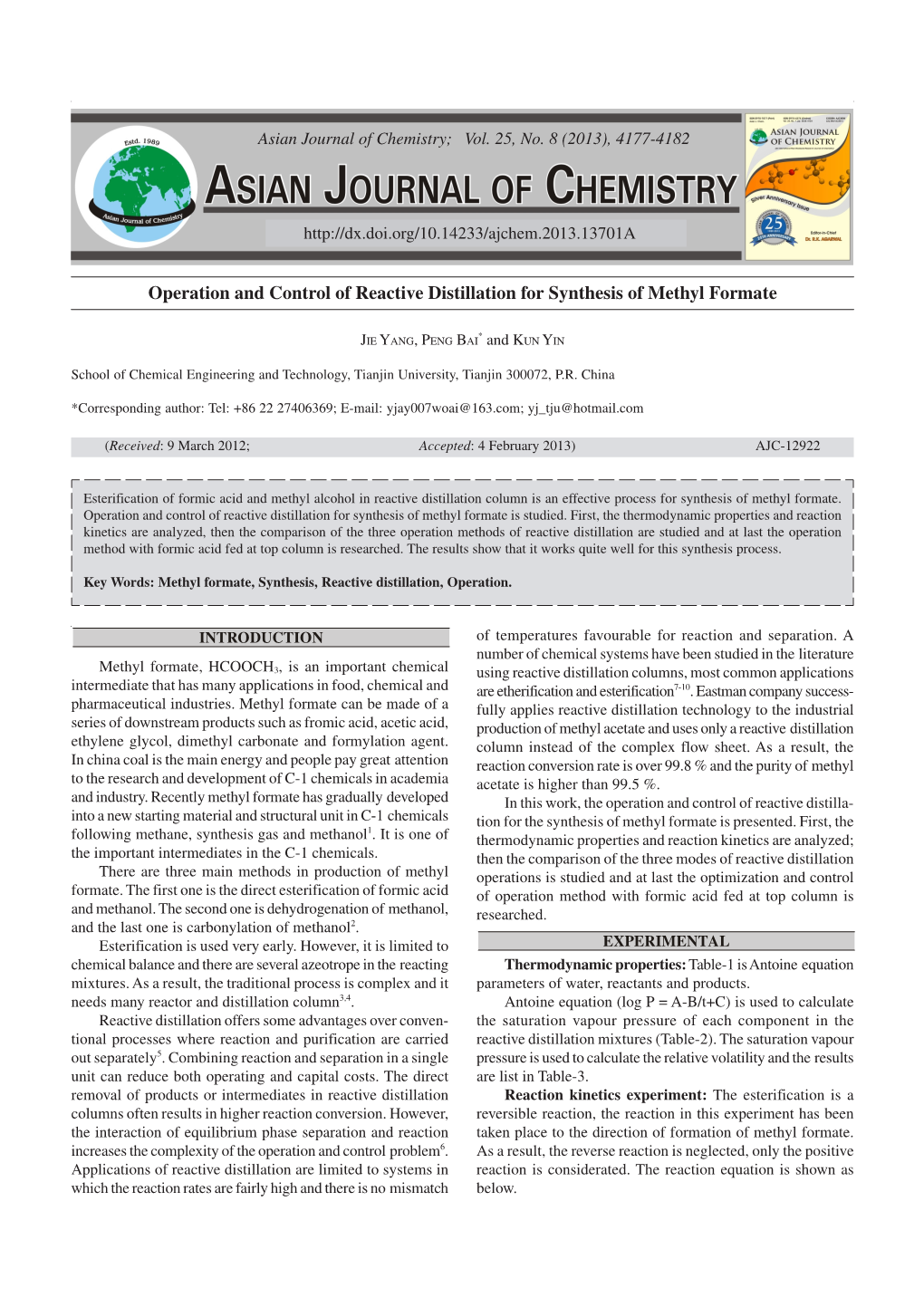 Operation and Control of Reactive Distillation for Synthesis of Methyl Formate