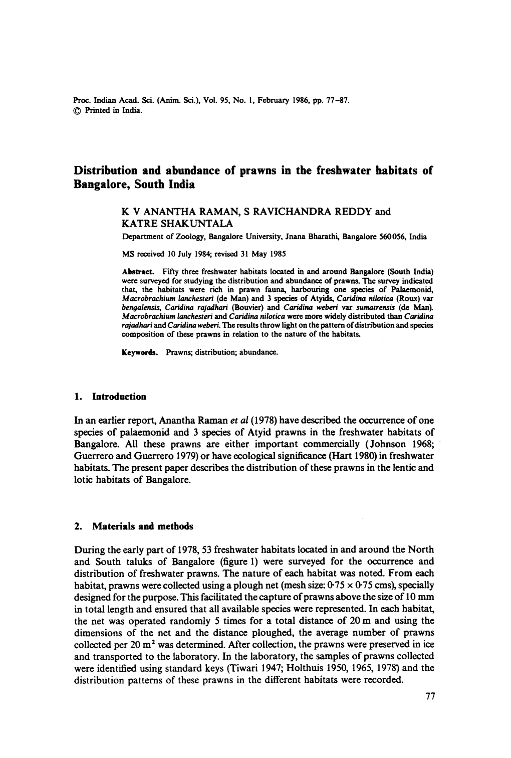 Distribution and Abundance of Prawns in the Freshwater Habitats of Bangalore, South India