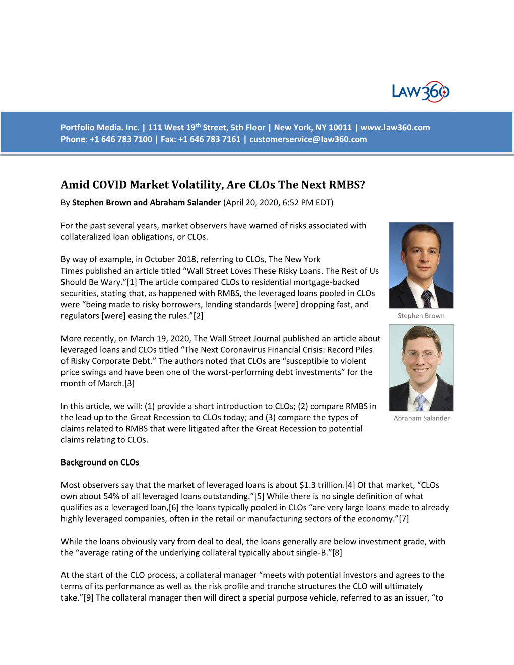 “Amid COVID Market Volatility, Are Clos the Next RMBS?” Law360