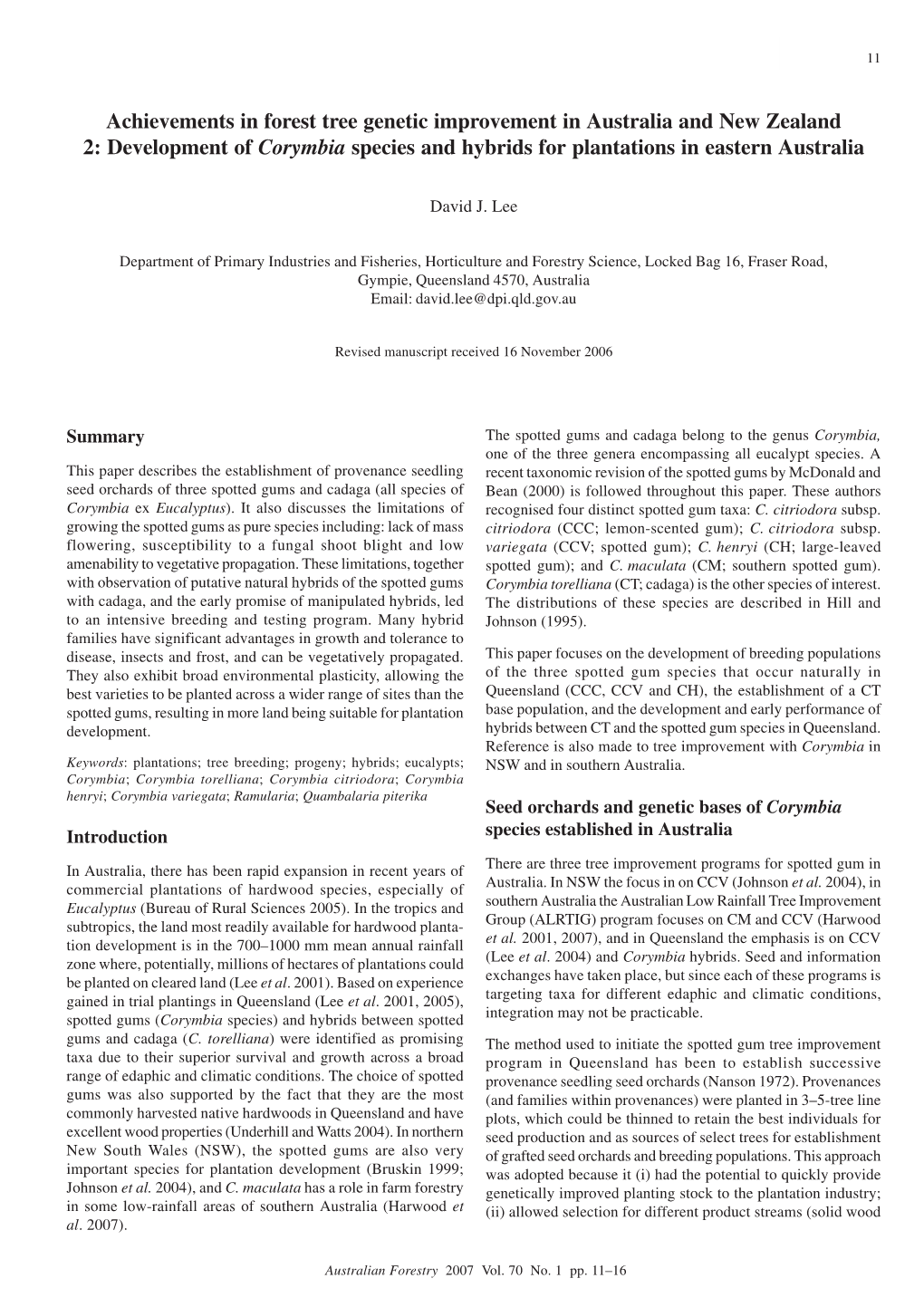 Development of Corymbia Species and Hybrids for Plantations in Eastern Australia