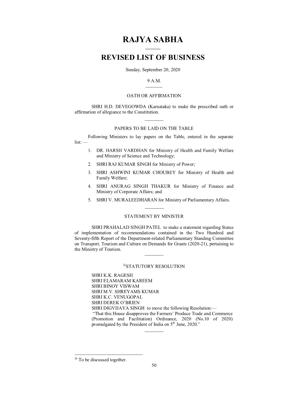 Rajya Sabha —— Revised List of Business