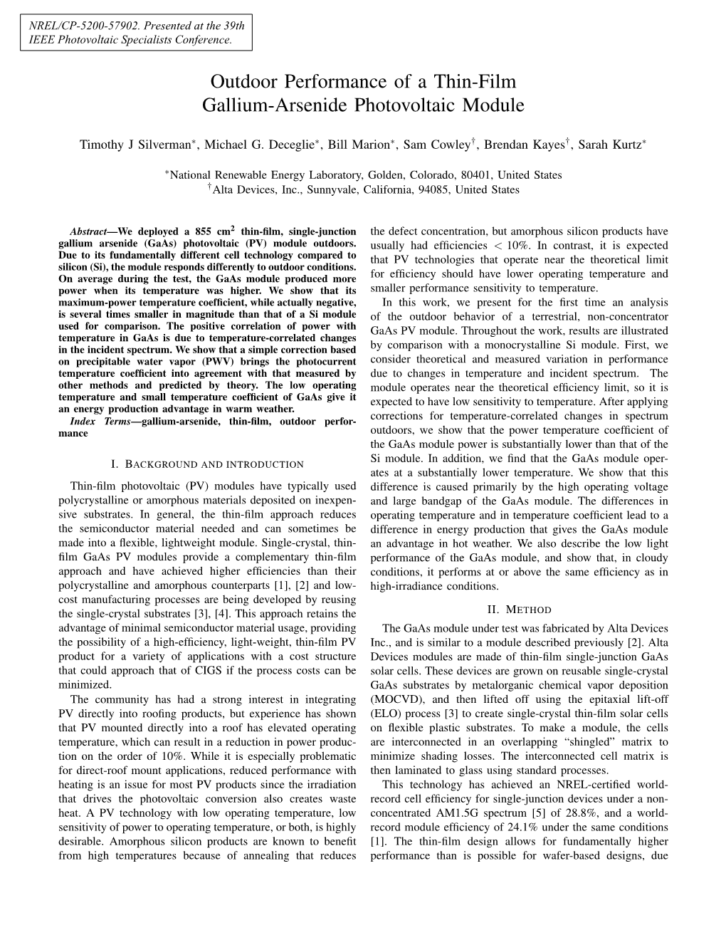 Outdoor Performance of a Thin-Film Gallium-Arsenide Photovoltaic Module