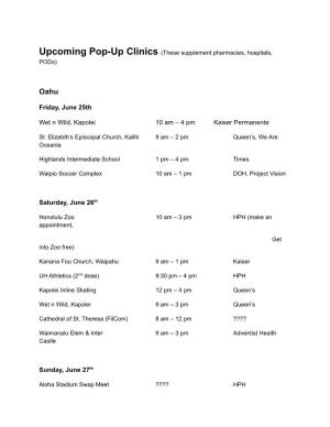 Upcoming Pop-Up Clinics (These Supplement Pharmacies, Hospitals, Pods)