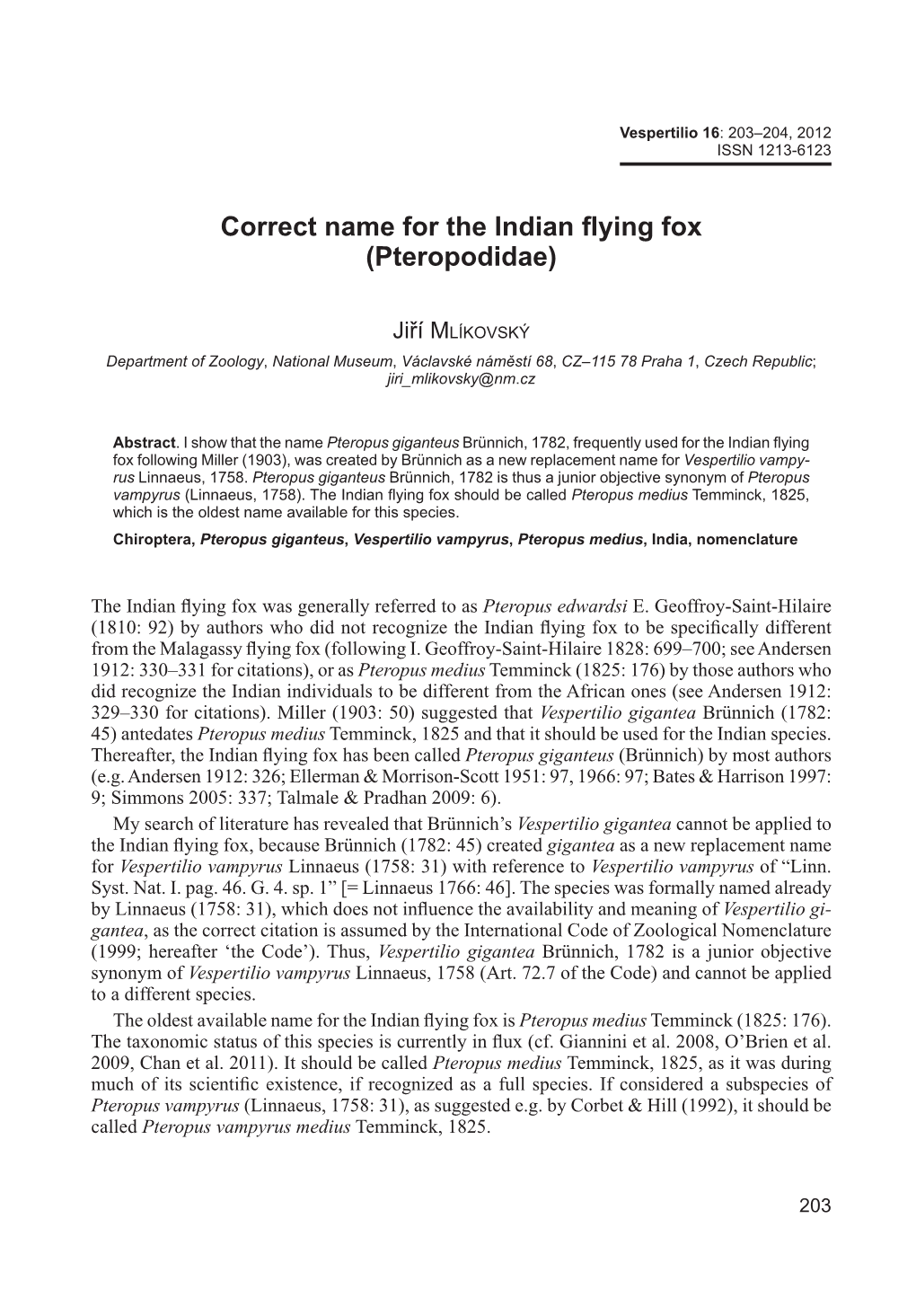 Correct Name for the Indian Flying Fox (Pteropodidae)