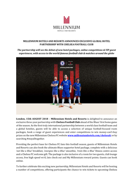 Millennium Hotels and Resorts Announces Exclusive Global Hotel Partnership with Chelsea Football Club
