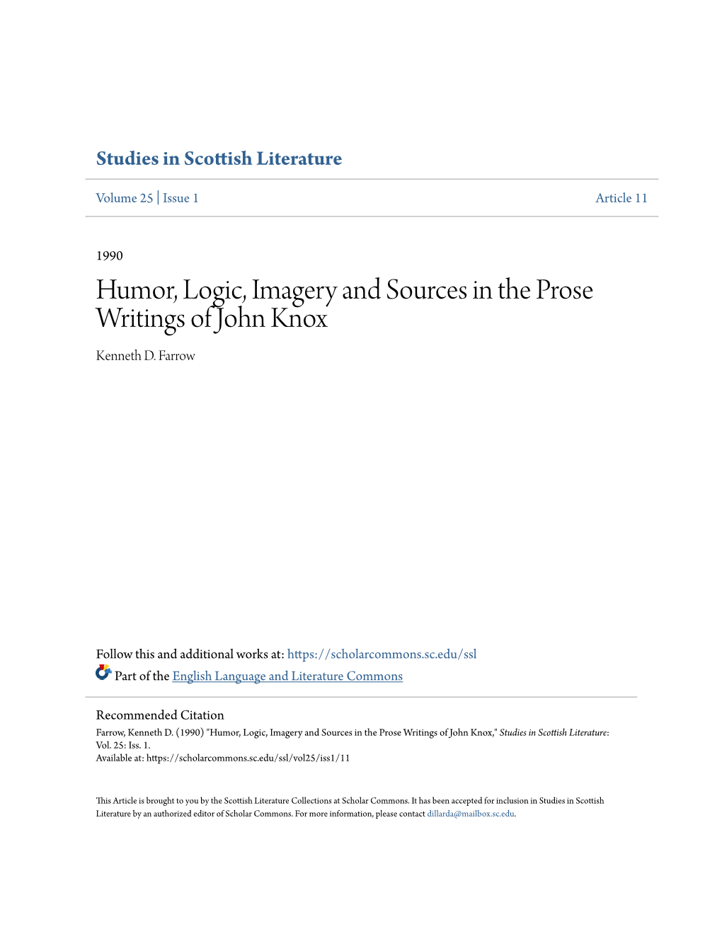 Humor, Logic, Imagery and Sources in the Prose Writings of John Knox Kenneth D