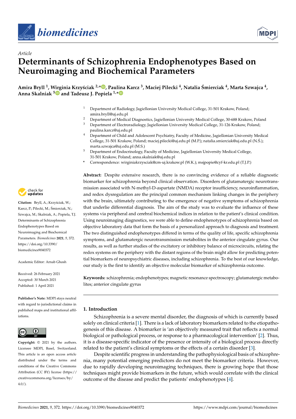 Determinants of Schizophrenia Endophenotypes Based on Neuroimaging and Biochemical Parameters