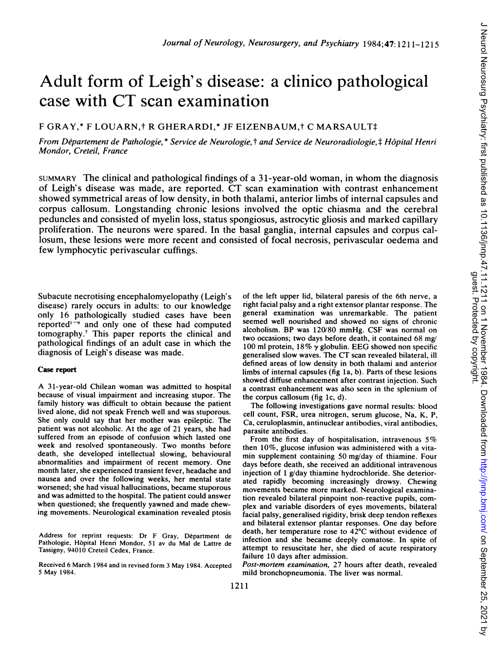 Adult Form of Leigh's Disease: a Clinico Pathological Case with CT Scan Examination