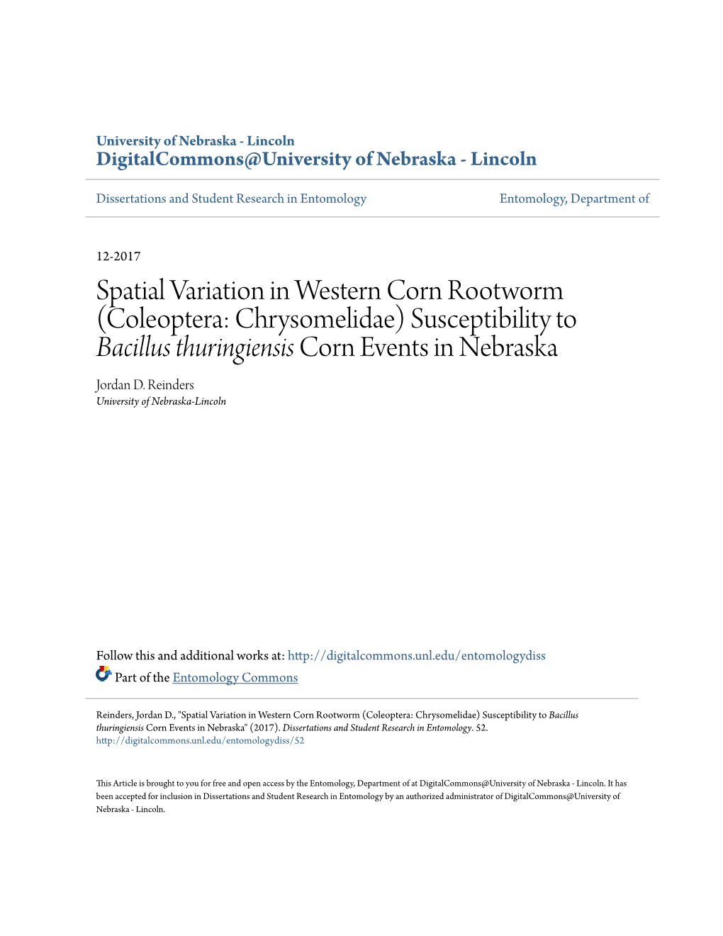 Spatial Variation in Western Corn Rootworm (Coleoptera: Chrysomelidae) Susceptibility to Bacillus Thuringiensis Corn Events in Nebraska Jordan D