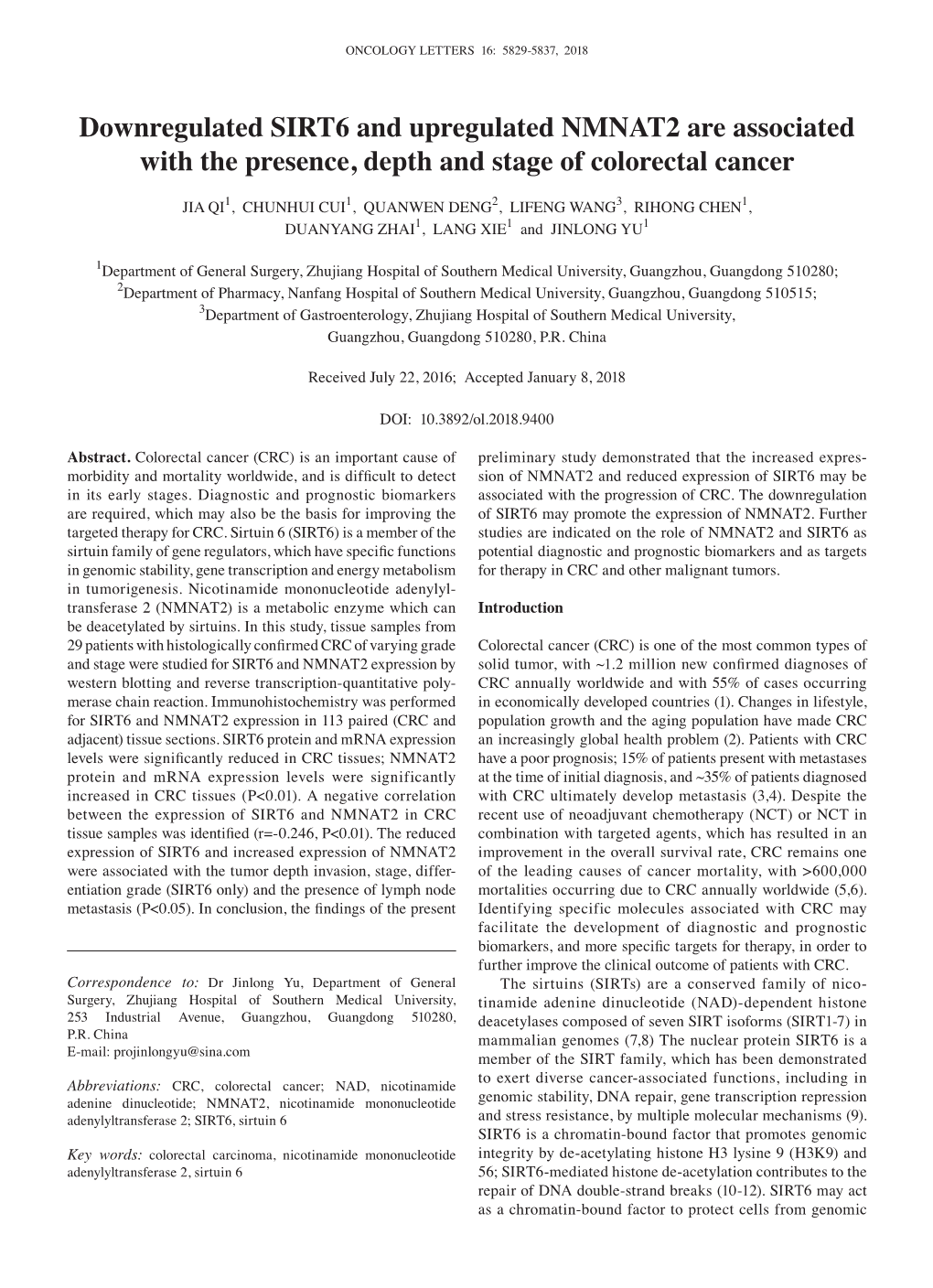 Downregulated SIRT6 and Upregulated NMNAT2 Are Associated with the Presence, Depth and Stage of Colorectal Cancer