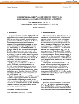 The Irreversible Cleavage of Histidine Residues by Diethylpyrocarbonate (Ethoxyformic Anhydride)